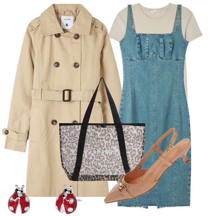 Outfit donna - Trench a primavera. Stile Bon Ton per Tutti i giorni. Abbinamento con trench, vestiti lunghi, t-shirt, shopping bag, orecchini, décolleté.