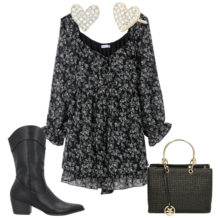 Outfit donna - Romantica. Stile Romantica per Serata fuori. Abbinamento con stivali, vestiti, orecchini, borse a mano.