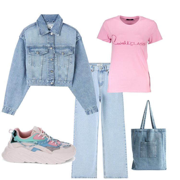 Outfit donna - Jeans e t-shirt rosa urban. Stile Urban per Tutti i giorni. Abbinamento con jeans, blazer, shopping bag, sneakers, t-shirt.
