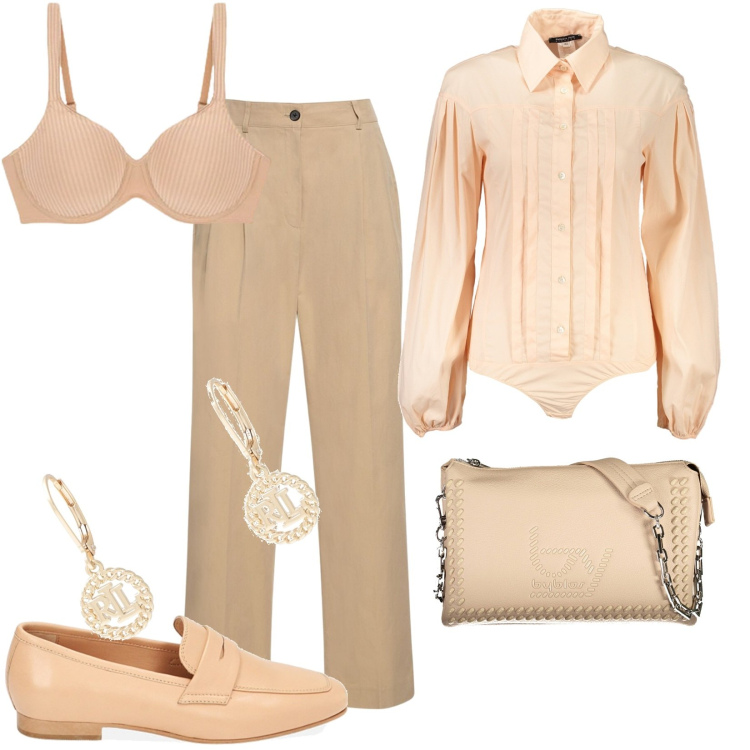 Outfit donna - Salmone. Stile Casual per Ufficio. Abbinamento con orecchini, mocassini, reggiseni, body, pantaloni chino, borse a spalla.