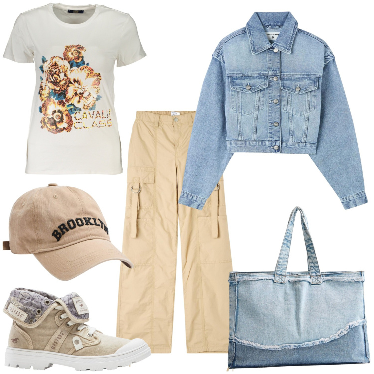 Outfit donna - Urban con cargo. Stile Urban per Tutti i giorni. Abbinamento con sneakers alte, pantaloni cargo, cappelli, blazer, shopping bag, t-shirt.