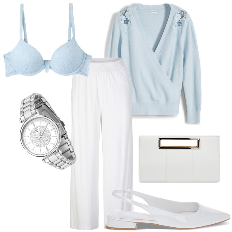 Outfit donna - Maglioncino azzurro polvere. Stile Casual per Tutti i giorni. Abbinamento con pantaloni, maglieria, orologi, reggiseni, pochette, ballerine.