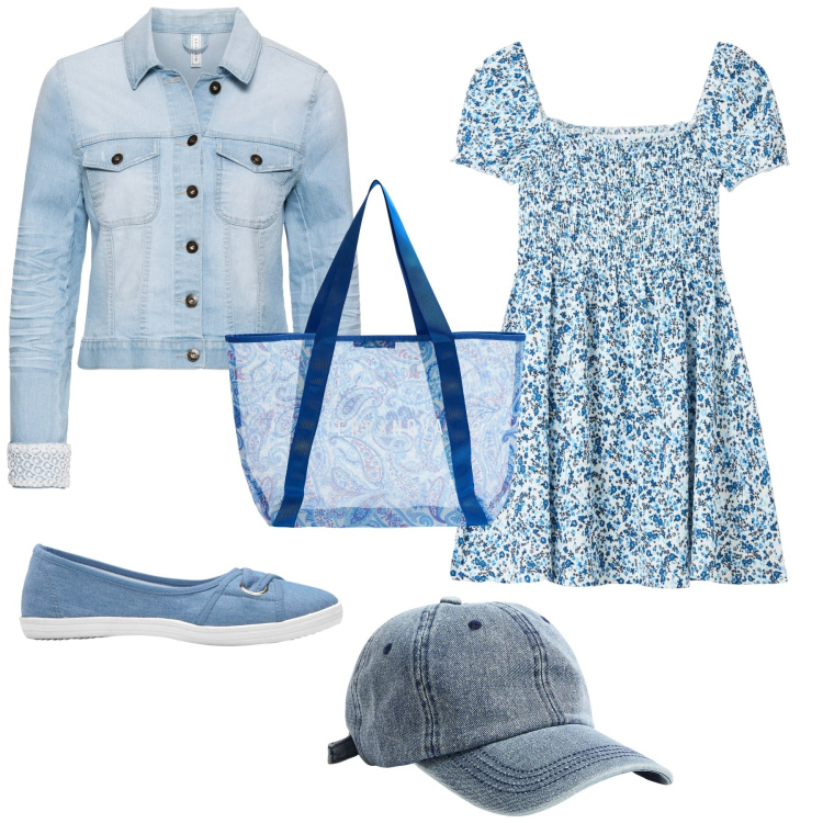 Outfit donna - Casual romantica per il mare. Stile Romantica per Mare. Abbinamento con ballerine, blazer, vestiti corti, shopping bag, cappelli.