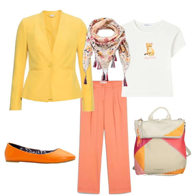 Outfit donna - Casual ufficio o tempo libero. Stile Casual per Tutti i giorni. Abbinamento con blazer, pantaloni, ballerine, foulard, t-shirt, zaini.