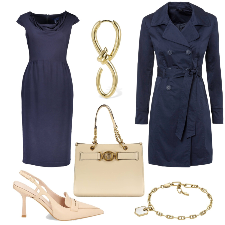 Outfit donna - Il trench blu per la sera. Stile Bon Ton per Serata fuori. Abbinamento con trench, braccialetti, mocassini, vestiti corti, orecchini, borse a spalla.