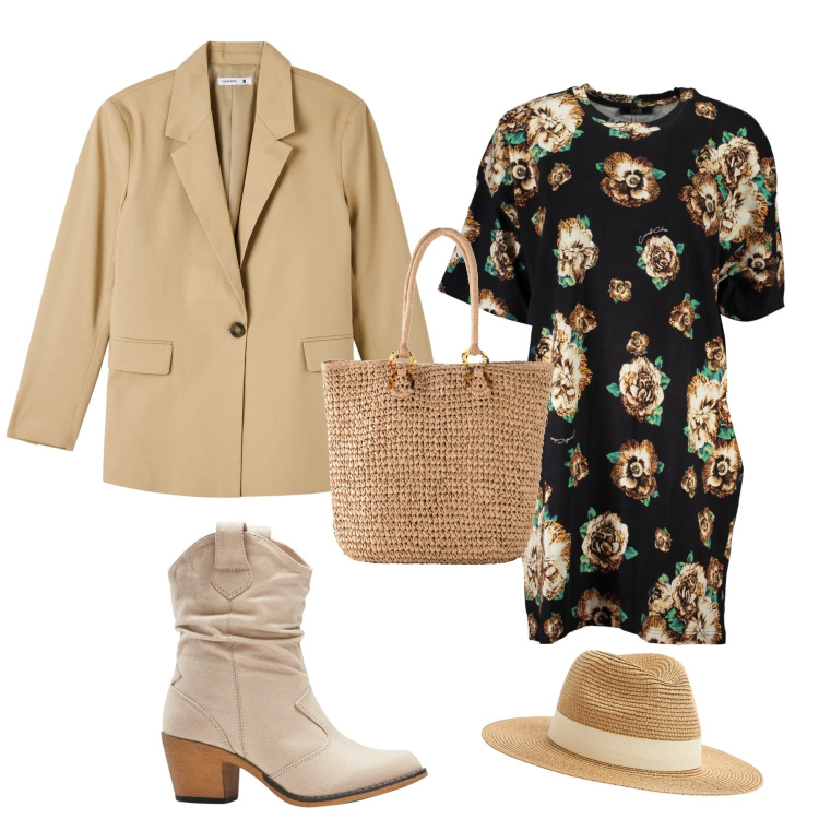 Outfit donna - Week end al mare. Stile Casual per Mare. Abbinamento con stivaletti texani, shopping bag, blazer, cappelli, vestiti corti.