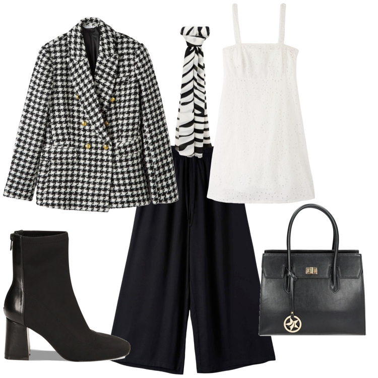 Outfit donna - Trendy percl ufficio evento. Stile Trendy per Ufficio. Abbinamento con pantaloni a palazzo, blazer, vestiti corti, foulard, stivaletti, borse a mano.