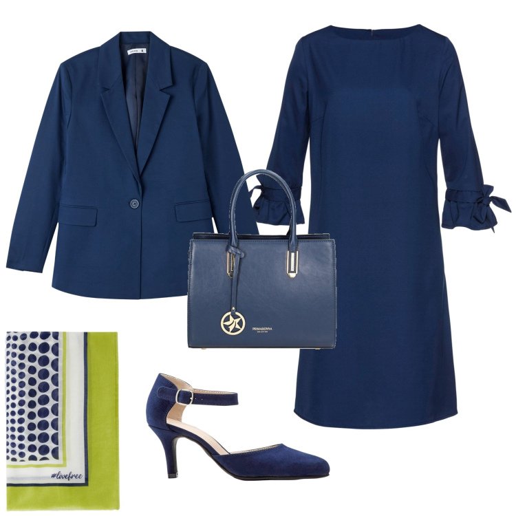 Outfit donna - Eleganza blu per cerimonia evento. Stile Chic per Cerimonia. Abbinamento con décolleté, vestiti, blazer, borse a mano, foulard.