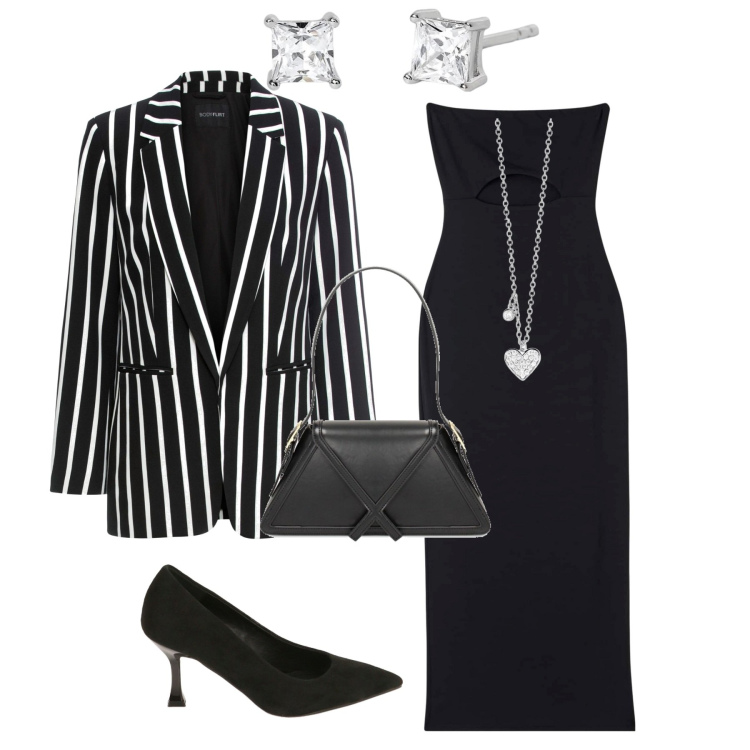 Outfit donna - Evento serata elegante glamour. Stile Chic per Serata fuori. Abbinamento con blazer, vestiti lunghi, collane, orecchini, borse a mano, décolleté.
