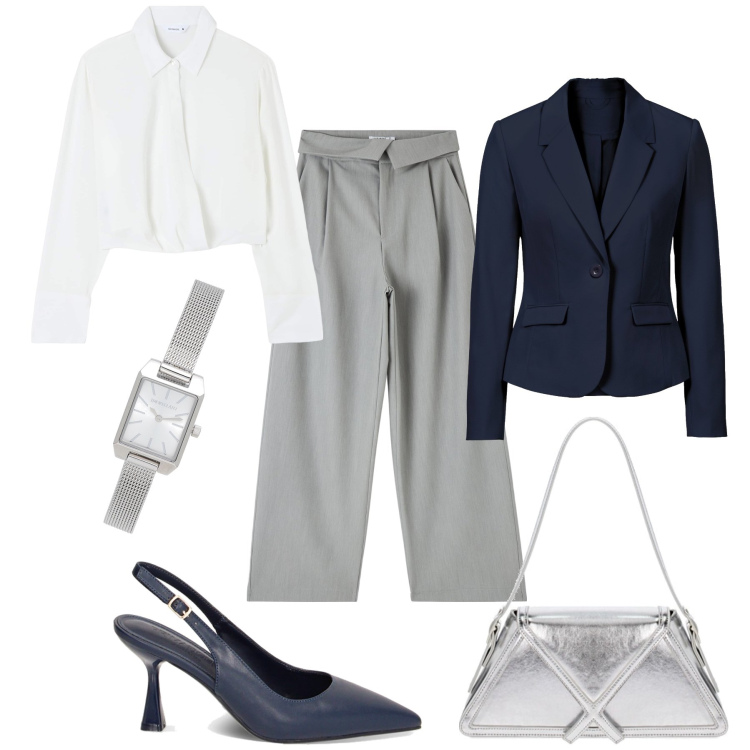 Outfit donna - Ufficio impeccabile. Stile Bon Ton per Ufficio. Abbinamento con blazer, orologi, bluse, pantaloni, décolleté, borse a spalla.