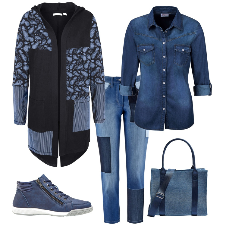 Outfit donna - Week end fuori porta. Stile Urban per Tutti i giorni. Abbinamento con camicie, sneakers alte, cardigans, jeans boyfriend, shopping bag.