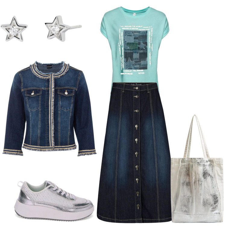 Outfit donna - Gonna jeans. Stile Basic per Tutti i giorni. Abbinamento con gonne longuette, blazer, maglieria, shopping bag, orecchini, sneakers.