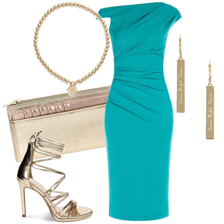 Outfit donna - Cerimonia time. Stile Chic per Cerimonia. Abbinamento con vestiti asimmetrici, portafogli, sandali col tacco, collane, orecchini.