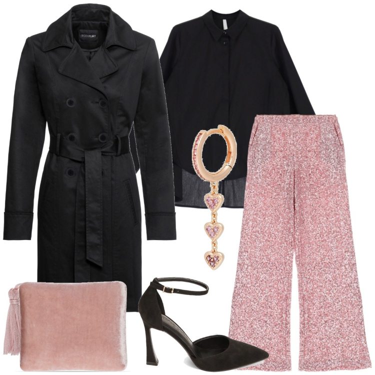 Outfit donna - Serata fuori. Stile Chic per Serata fuori. Abbinamento con trench, orecchini, pantaloni, camicie, décolleté, pochette.