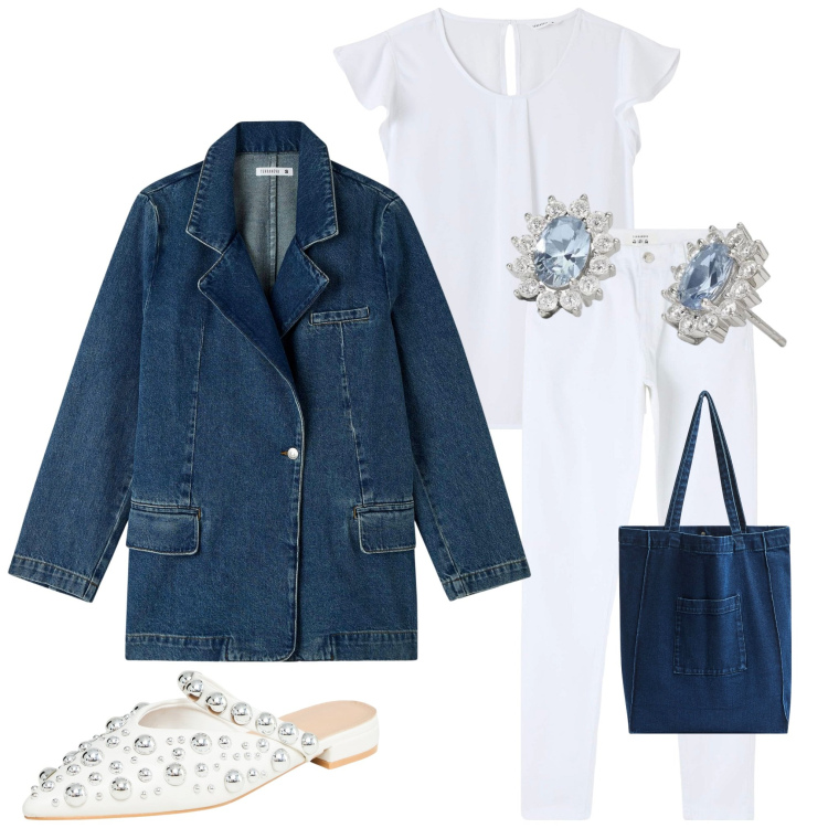 Outfit donna - Trendy. Stile Trendy per Tutti i giorni. Abbinamento con blazer, bluse, ballerine, pantaloni, shopping bag, orecchini.