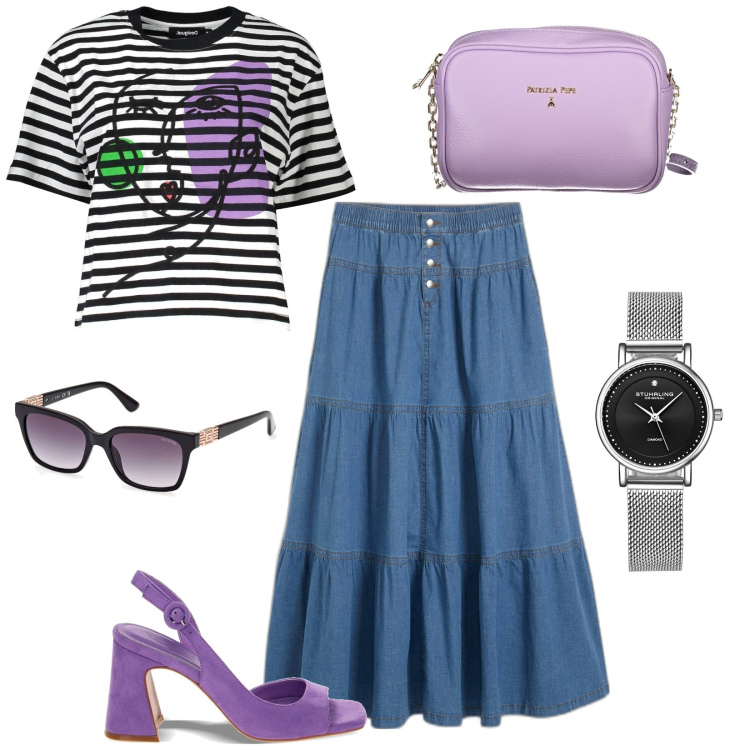 Outfit donna - Viola e righe. Stile Casual per Tutti i giorni. Abbinamento con gonne, orologi, sandali col tacco, t-shirt, occhiali da sole, borse a tracolla.