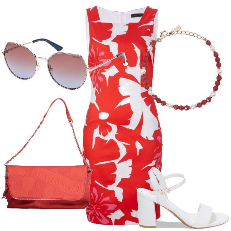Outfit donna - Red and white. Stile Bon Ton per Tutti i giorni. Abbinamento con vestiti a tubino, braccialetti, sandali col tacco, occhiali da sole, borse a mano.