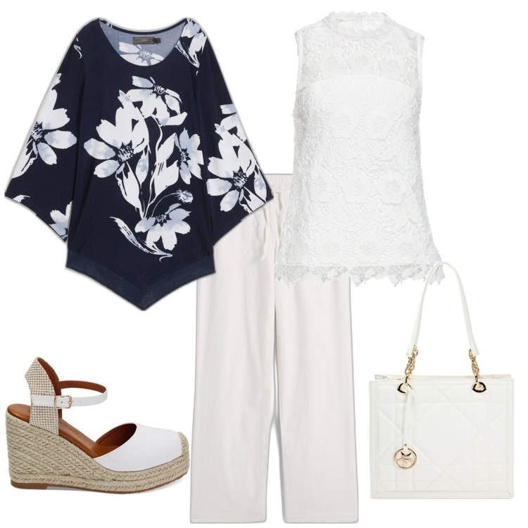 Outfit donna - Casual chic week end. Stile Casual chic per Tutti i giorni. Abbinamento con pantaloni a palazzo, maglieria, top, zeppe, borse a spalla.