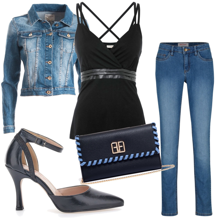Outfit donna - Décolleté. Stile Casual per Tutti i giorni. Abbinamento con jeans skinny, top, blazer, pochette, décolleté.