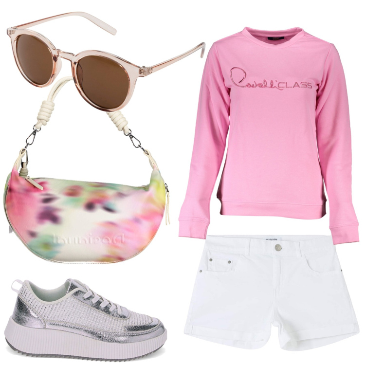 Outfit donna - Pink day. Stile Sporty chic per Tutti i giorni. Abbinamento con occhiali da sole, shorts, sneakers, borse a spalla, felpe.