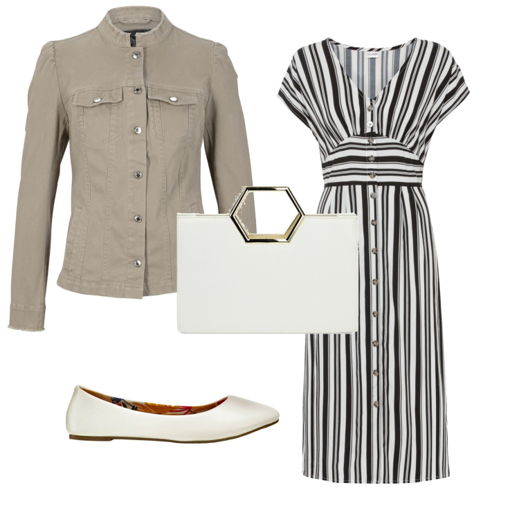 Outfit donna - Casual ufficio. Stile Casual per Ufficio. Abbinamento con vestiti, ballerine, blazer, borse a mano.