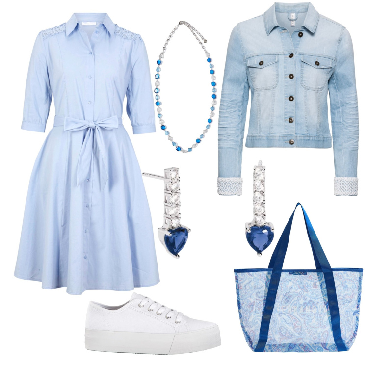 Outfit donna - Cielo in città. Stile Sporty chic per Tutti i giorni. Abbinamento con blazer, sneakers, vestiti chemisier, shopping bag, orecchini, collane.