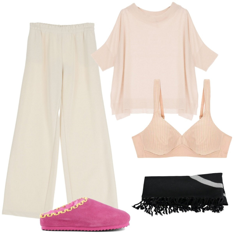 Outfit donna - Comoda a casa. Stile Basic per Tutti i giorni. Abbinamento con maglieria, pantaloni a palazzo, sabot, foulard, reggiseni.