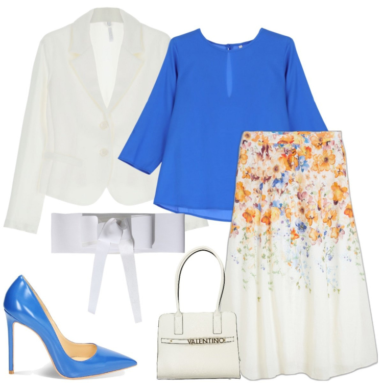 Outfit donna - Un po’ d’azzurro. Stile Chic per Tutti i giorni. Abbinamento con gonne, cinture, bluse, blazer, décolleté, borse a spalla.