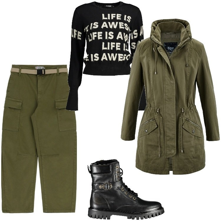 Outfit donna - Total look #1848617. Stile Trendy per Tutti i giorni. Abbinamento con parka, pantaloni cargo, maglieria, stivali.