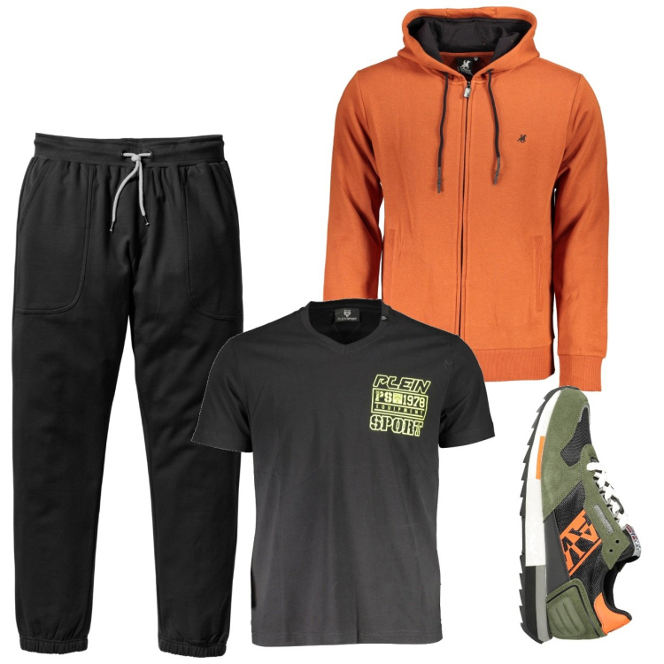 Outfit uomo - Vado di corsa. Stile Urban per Sport. Abbinamento con pantaloni sportivi, felpe con cappuccio, scarpe sportive, t-shirt.