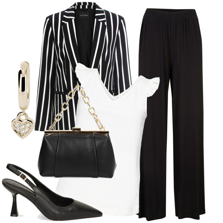 Outfit donna - Black and White. Stile Chic per Tutti i giorni. Abbinamento con pantaloni, blazer, top, orecchini, décolleté, borse a spalla.
