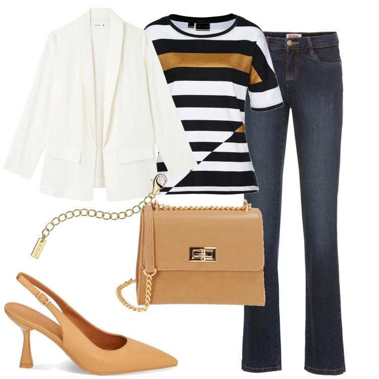 Outfit donna - City. Stile Casual chic per Tutti i giorni. Abbinamento con jeans bootcut, maglieria, blazer, collane, borse a tracolla, décolleté.