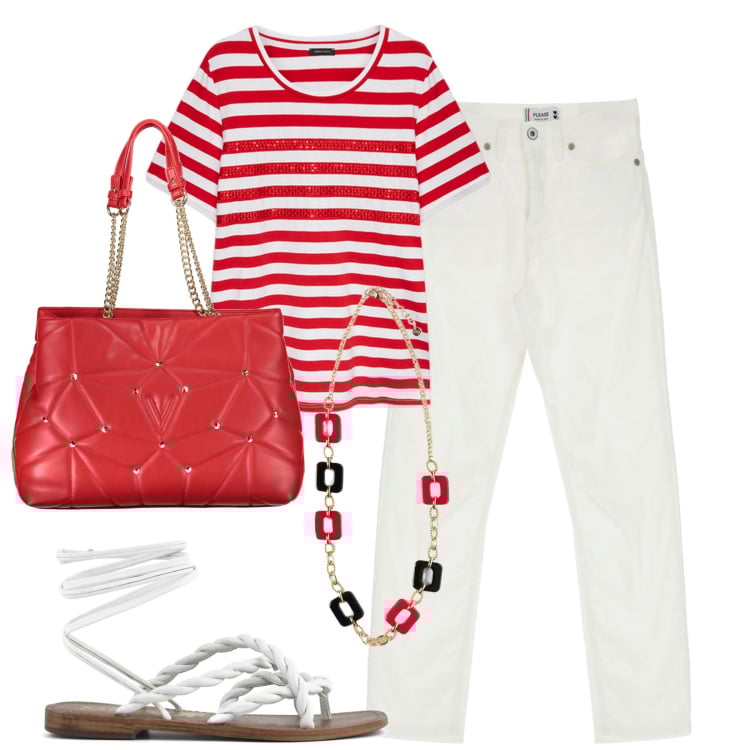 Outfit donna - City. Stile Casual chic per Tutti i giorni. Abbinamento con t-shirt, ciondoli, jeans, sandali, borse a spalla.
