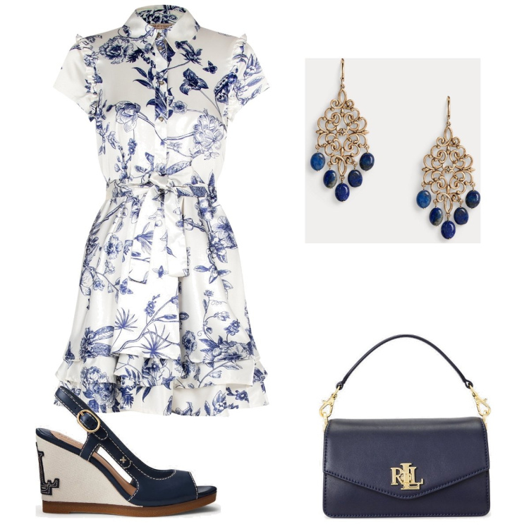 Outfit donna - Cerimonia in bianco e blu. Stile Bon Ton per Cerimonia. Abbinamento con vestiti chemisier, borse a tracolla, sandali in pelle, orecchini.
