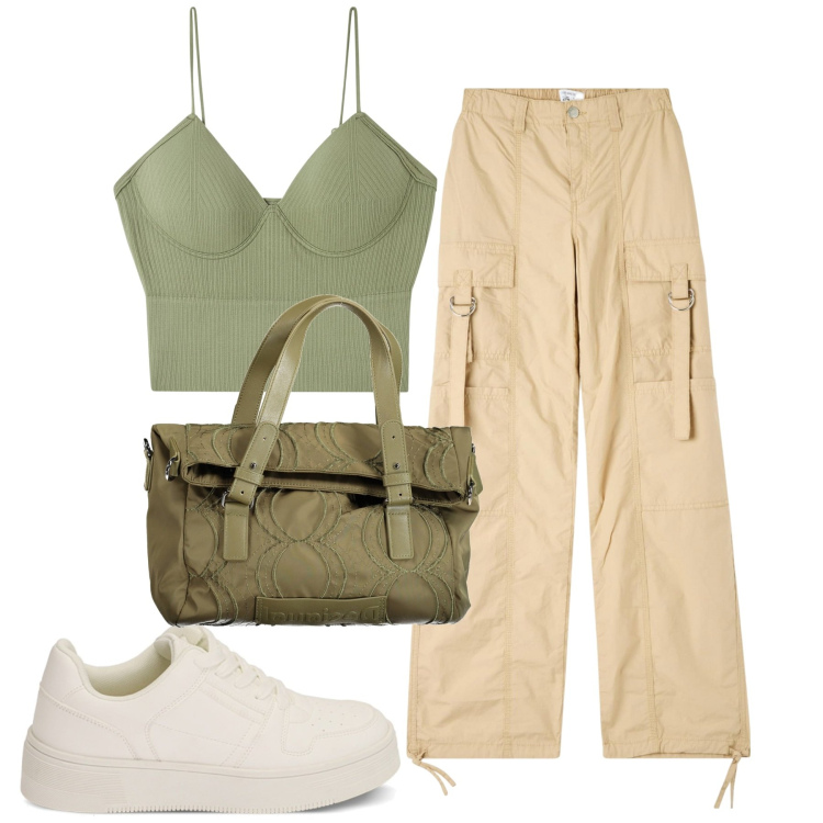 Outfit donna - City. Stile Urban per Tutti i giorni. Abbinamento con pantaloni cargo, top, sneakers, borse a spalla.