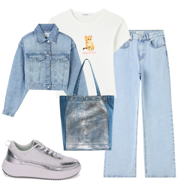 Outfit donna - City. Stile Casual per Tutti i giorni. Abbinamento con jeans, t-shirt, shopping bag, blazer, sneakers.