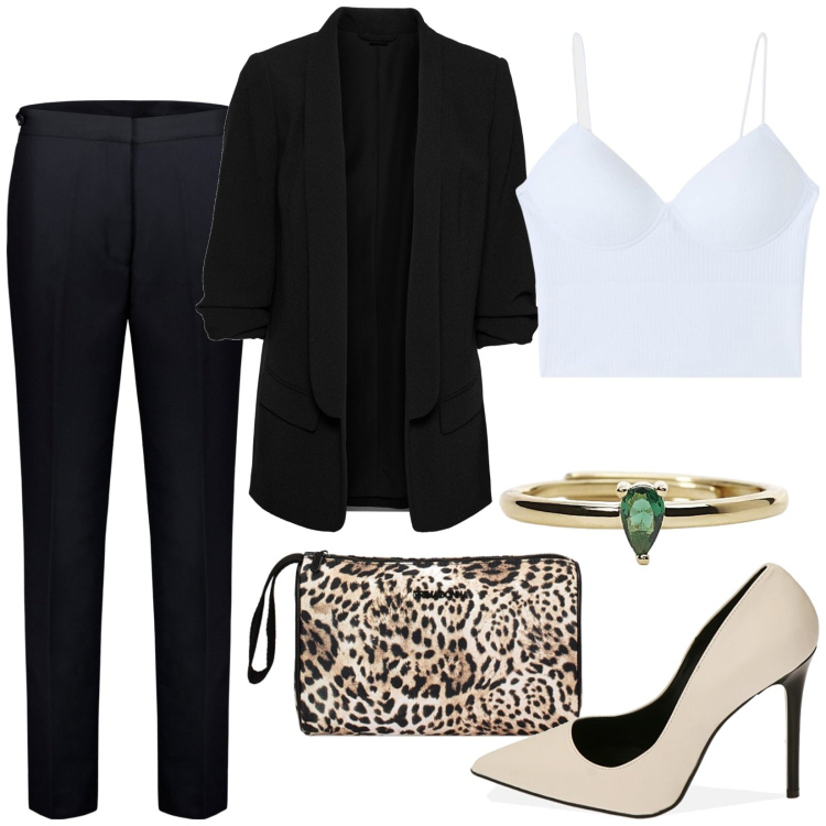 Outfit donna - Sexy sotto la giacca. Stile Casual per Serata fuori. Abbinamento con blazer, top, anelli, décolleté, valigie, pantaloni.