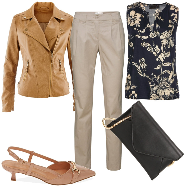Outfit donna - slingback in vernice. Stile Casual per Ufficio. Abbinamento con pantaloni chino, top, blazer, décolleté, pochette.