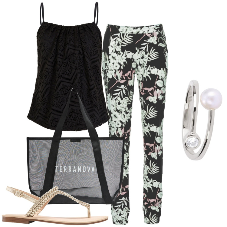 Outfit donna - bag suitable for shopping. Stile Casual per Tutti i giorni. Abbinamento con top, ciabatte, pantaloni, anelli, shopping bag.