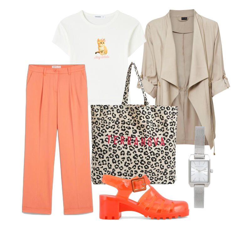 Outfit donna - Ghost outfitter - aprile. Stile Glamour per Tutti i giorni. Abbinamento con blazer, pantaloni, orologi, shopping bag, t-shirt, sandali col tacco.