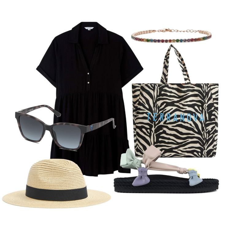 Outfit donna - Ghost outfitter - aprile. Stile Trendy per Mare. Abbinamento con cappelli, borse tote, vestiti chemisier, braccialetti, sandali, occhiali da sole.