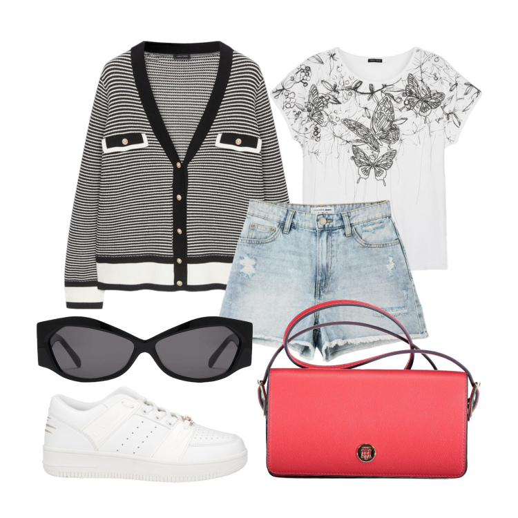 Outfit donna - Ghost outfitter - aprile. Stile Casual per Tutti i giorni. Abbinamento con sneakers, shorts, borse a spalla, cardigans, t-shirt, occhiali da sole.