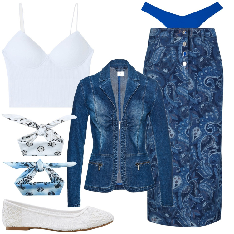Outfit donna - Gonna vivace con bella fantasia. Stile Casual per Tutti i giorni. Abbinamento con ballerine, blazer, gonne, top, fasce per capelli, culotte.