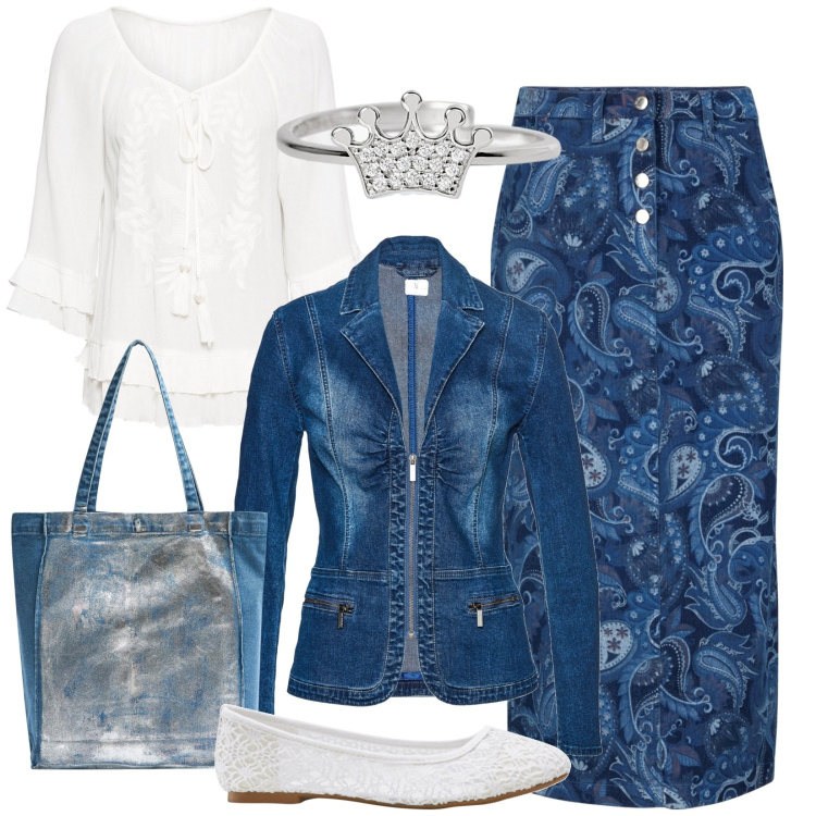 Outfit donna - Gonna fantasia paisley. Stile Casual per Tutti i giorni. Abbinamento con ballerine, gonne, blazer, tuniche, shopping bag, anelli.