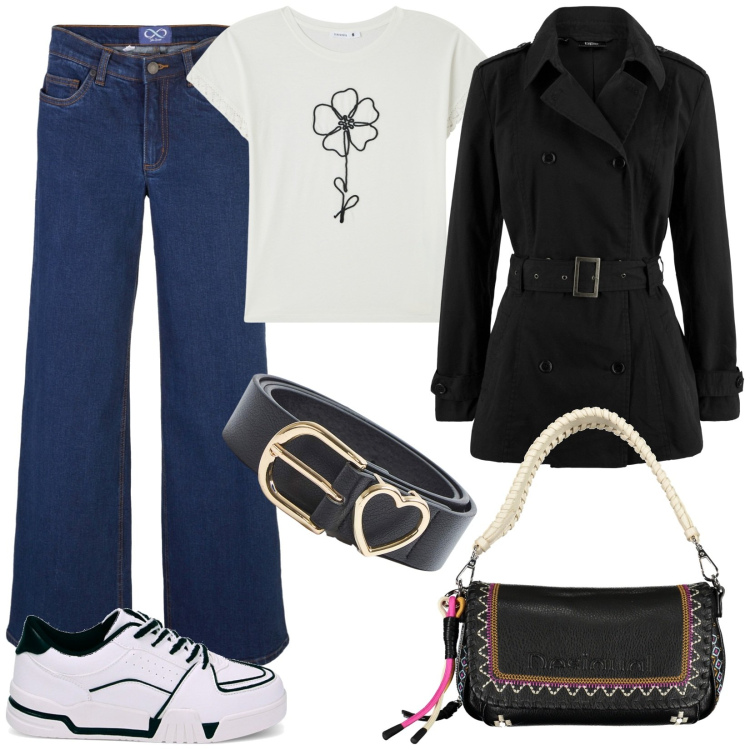 Outfit donna - Il trench per la primavera. Stile Basic per Tutti i giorni. Abbinamento con trench, jeans, t-shirt, cinture, sneakers, borse a spalla.