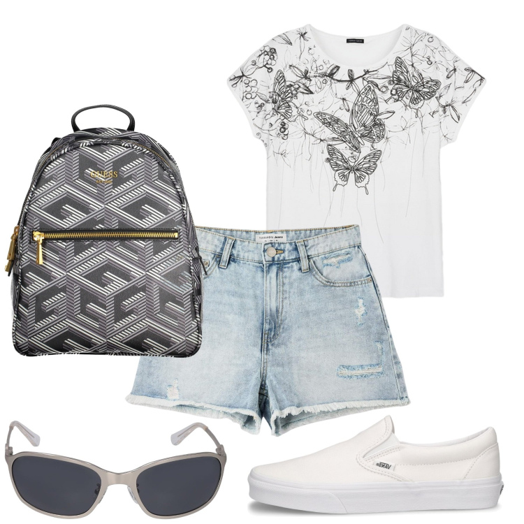 Outfit donna - Estate!!. Stile Casual per Mare. Abbinamento con shorts, occhiali da sole, zaini, t-shirt, sneakers.