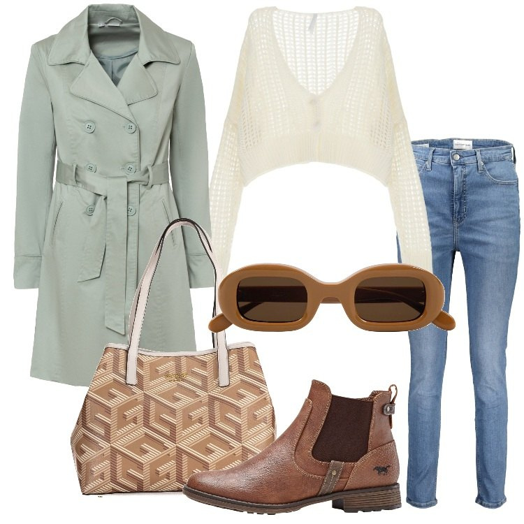 Outfit donna - Il trench per la primavera. Stile Basic per Tutti i giorni. Abbinamento con trench, stivaletti chelsea, cardigans, jeans skinny, borse a spalla, occhiali da sole.