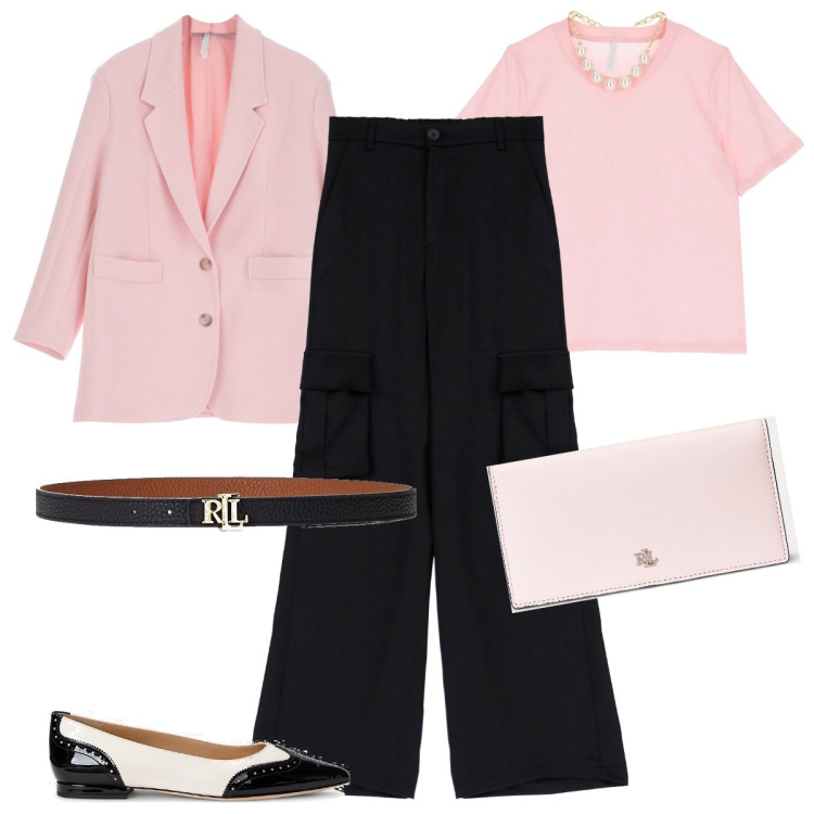 Outfit donna - Cerimonia con i cargo pants. Stile Casual chic per Cerimonia. Abbinamento con pantaloni cargo, t-shirt, blazer, cinture, ballerine, portafogli.