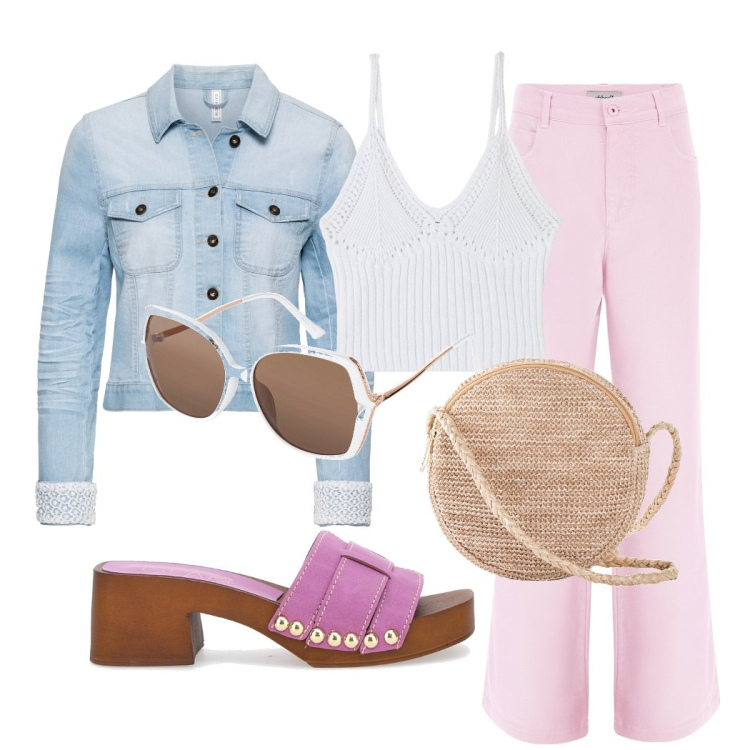 Outfit donna - Yutasì. Stile Vintage retrò per Tutti i giorni. Abbinamento con blazer, borse a tracolla, occhiali da sole, top, jeans, zoccoli.