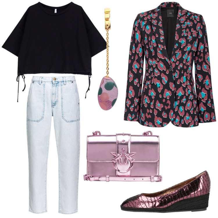 Outfit donna - Jeans e glamour. Stile Glamour per Tutti i giorni. Abbinamento con espadrillas, orecchini, blazer, jeans, borse a tracolla, t-shirt.